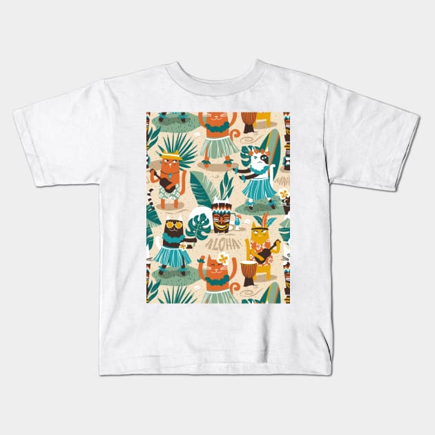 Secret Hawaiian beach party // pattern // ivory sand background gold drop orange goldenrod yellow dark oak brown and white cats Kids T-Shirt by SelmaCardoso